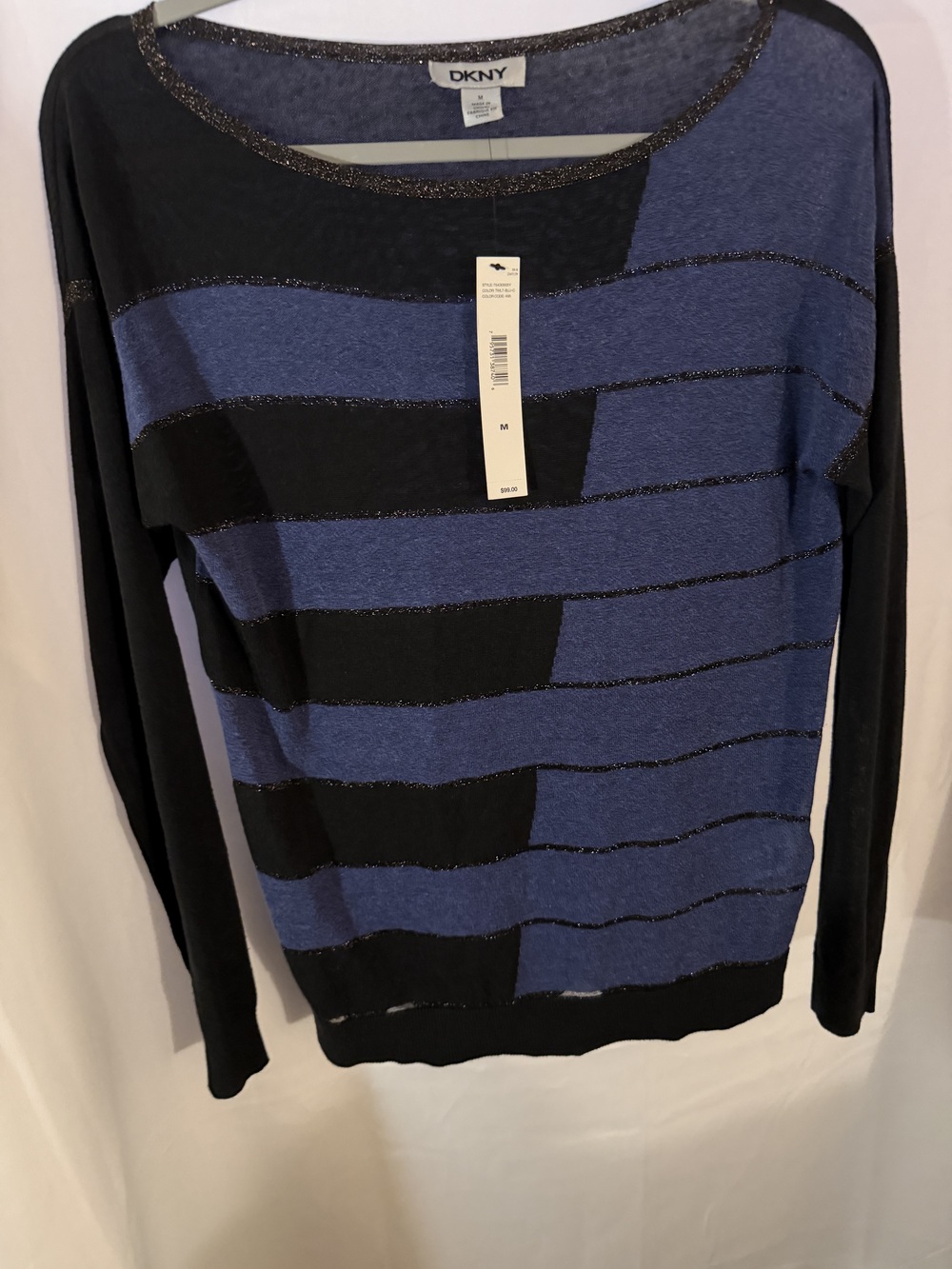 DKNY Women's Sweater Blue Black Size M Metallic Stripe Colorblock Pullover L/S